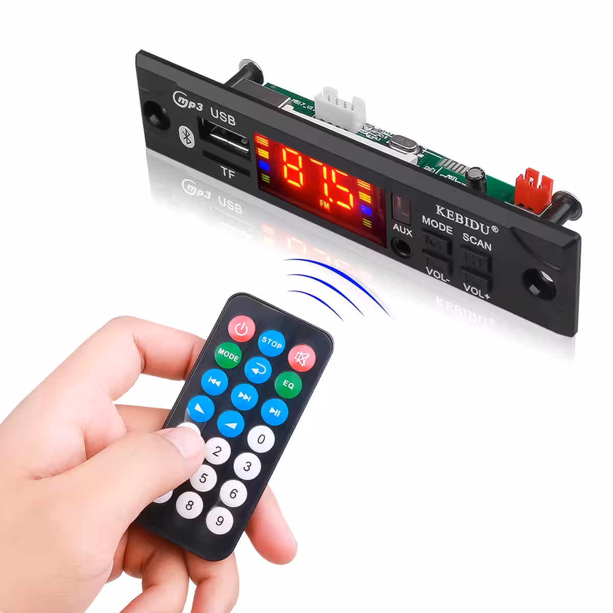 Módulo decodificador MP3 com controle remoto, porta USB e slot para cartão SD