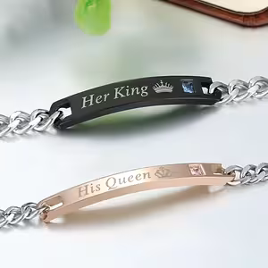Conjunto 2 Pulseiras para Casal Her King & His Queen – Aço Inoxidável Gravável para Namorados, Ele e Ela