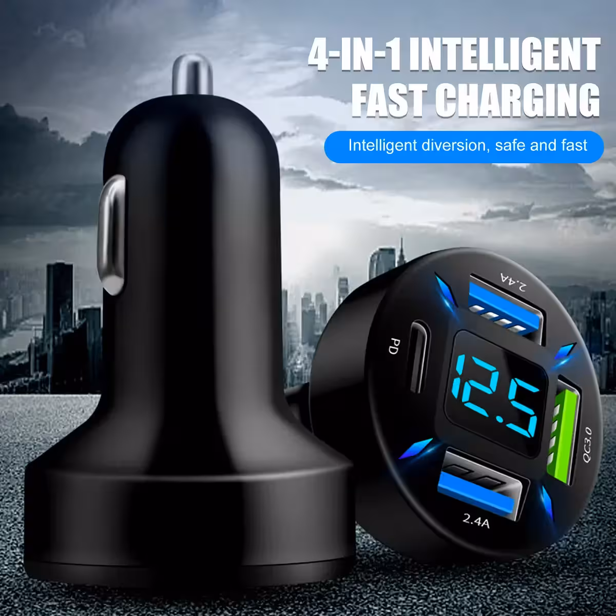 Carregador automotivo com 3 portas USB e 1 tipo C para smartphone e tablet