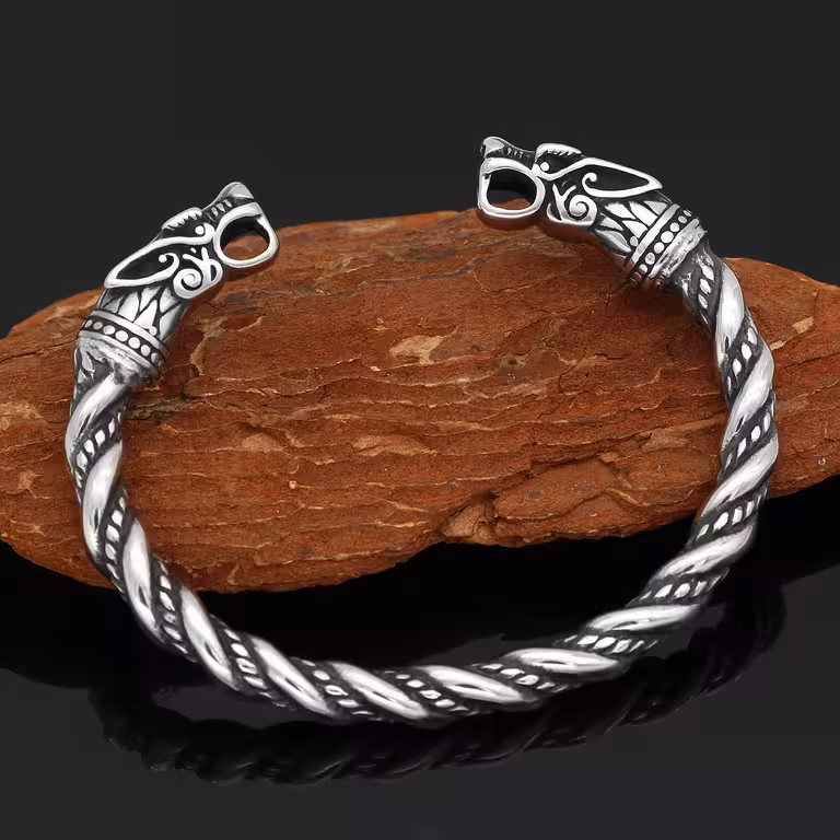 Pulseira Viking com Cabeça de Lobo – Modelo Gótico Inspirado na Série Vikings para Homens
