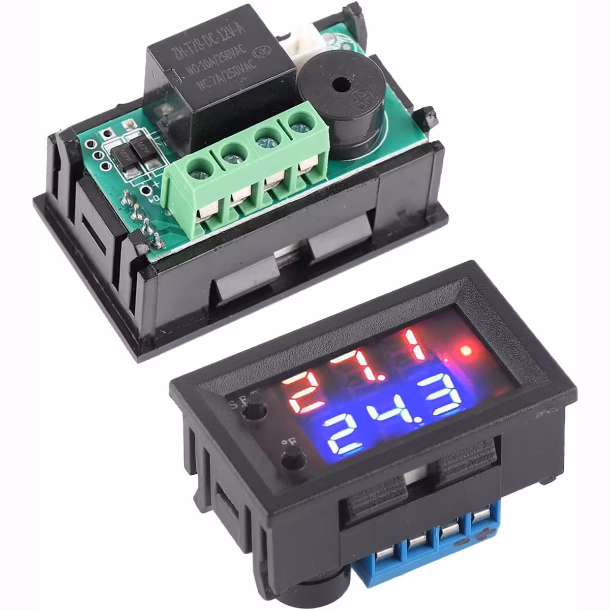 Frente e verso do termostato digital com display e terminais