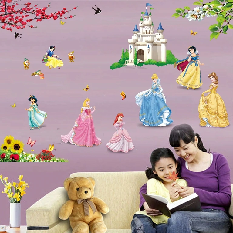 Arte decorativa de parede para quarto de princesa Design mural colorido com princesas para meninas