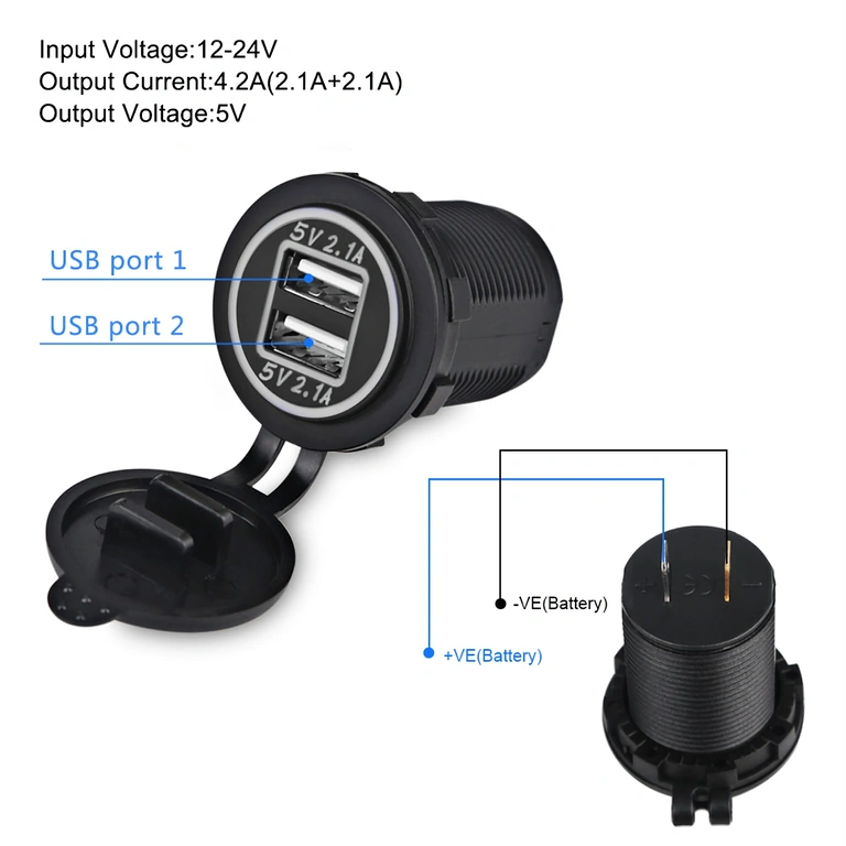 Adaptador para acendedor de carro com duas portas USB, 12-24V, montagem universal