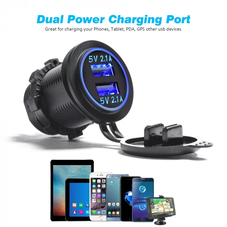 Carregador USB à prova d’água com iluminação LED azul e duas portas