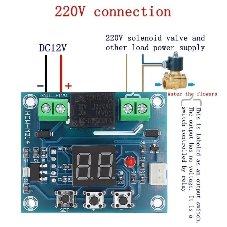 Módulo XH-M214 conectado à rede 220V para controle da válvula solenoide