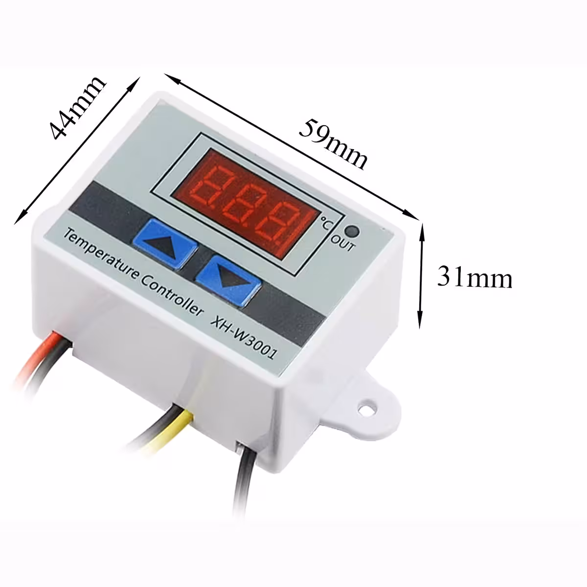 Imagem com dimensões exatas do termostato XH-W3001: comprimento, largura e espessura