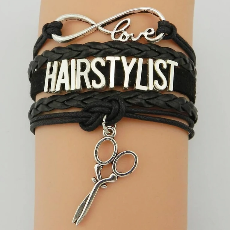 Acessório para hairstylist – pulseira de couro Pulseira fashion em couro preto com símbolos de cabeleireiro