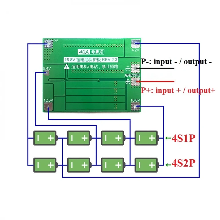 Esquema elétrico de instalação para módulo BMS 4S 40A baterias Li-ion
