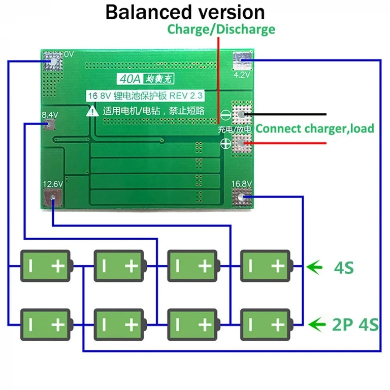 Diagrama detalhado de conexões para módulo de proteção de baterias Li-ion 4S