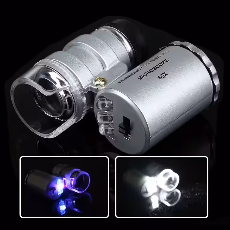 Microscópio LUPA 60x com LED e Lâmpada UV – Aparelho para Conferir Dinheiro, Joias e Relógios