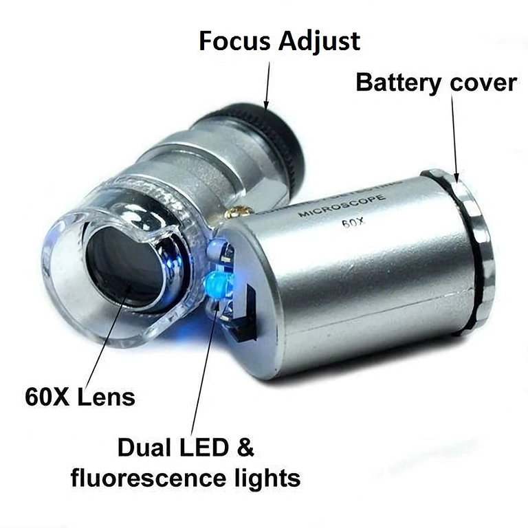 Microscópio com 3 LEDs e lâmpada UV para detectar detalhes invisíveis