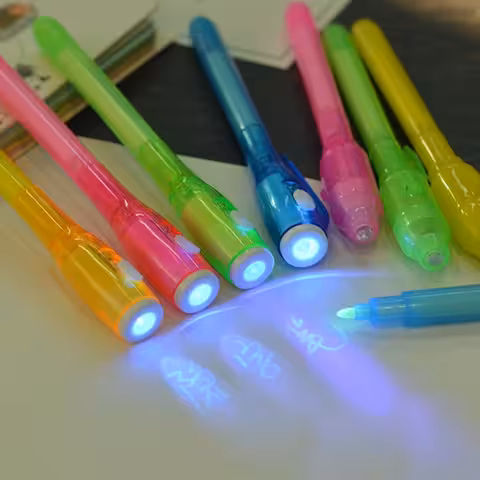 Conjunto 5 Canetas Tinta Invisível com Luz UV – Escrita Secreta, Mensagens Secretas, Jogos Infantis
