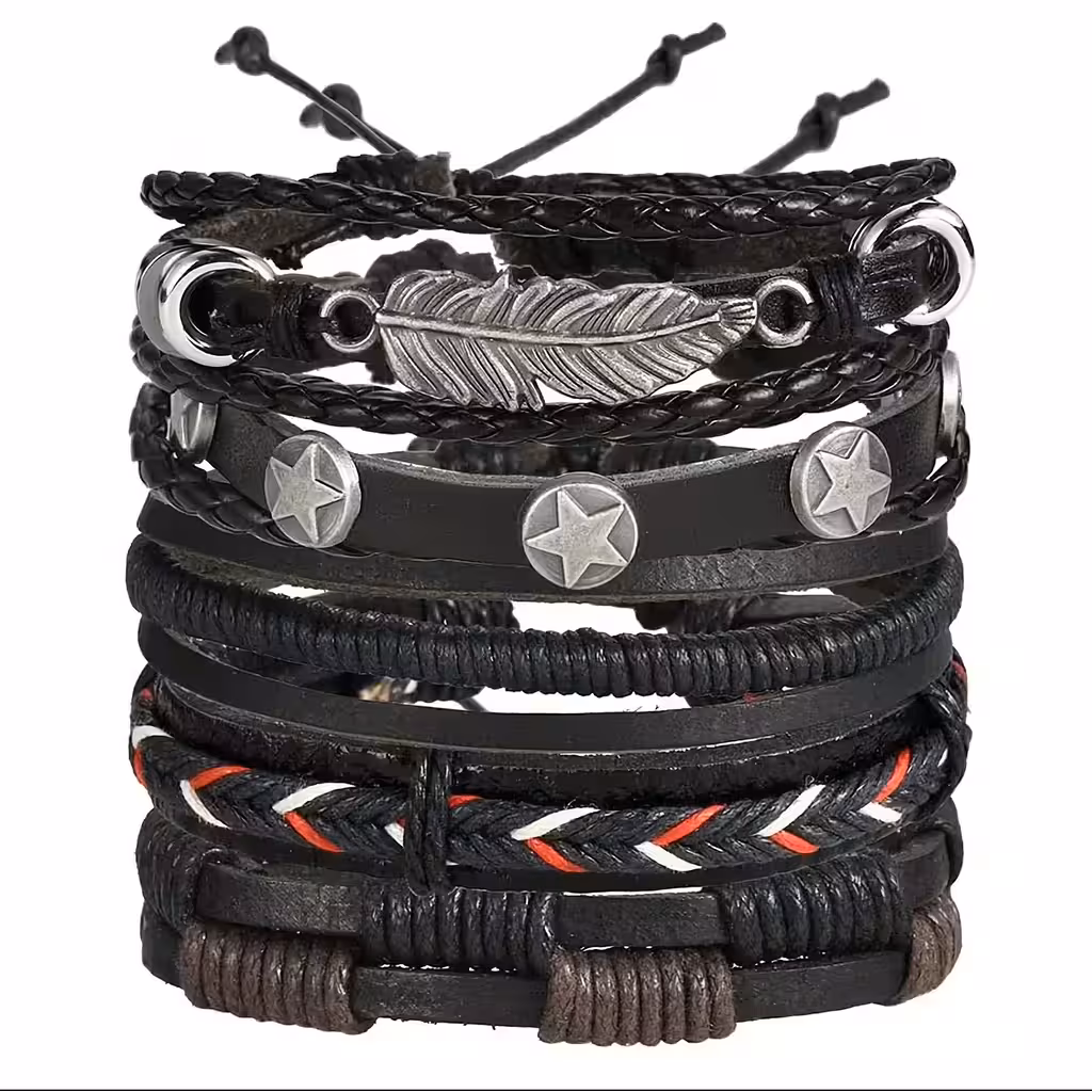 Conjunto 5 Pulseiras Masculinas de Couro Natural – Artesanal, Ajustáveis, Elegantes, Modelos Novos Luxo