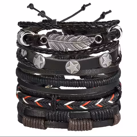 Conjunto 5 Pulseiras Masculinas de Couro Natural – Artesanal, Ajustáveis, Elegantes, Modelos Novos Luxo
