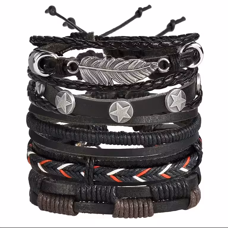 Conjunto 5 Pulseiras Masculinas de Couro Natural – Artesanal, Ajustáveis, Elegantes, Modelos Novos Luxo
