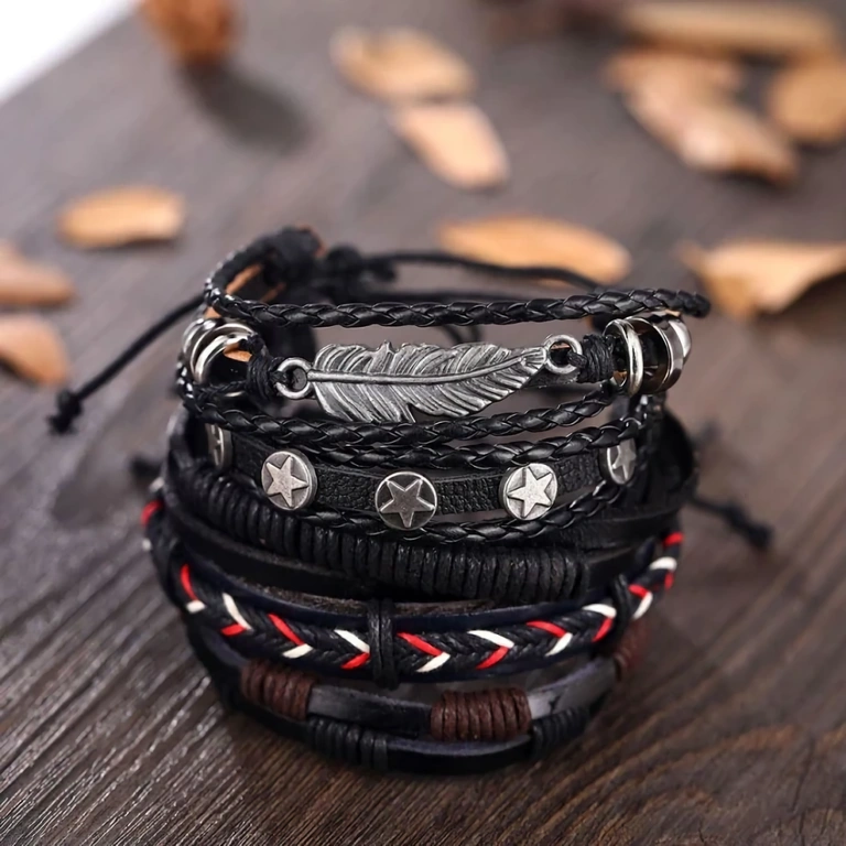 Pulseiras masculinas ajustáveis em couro – conjunto 5 peças Pulseiras ajustáveis em couro para homens – acessórios casuais