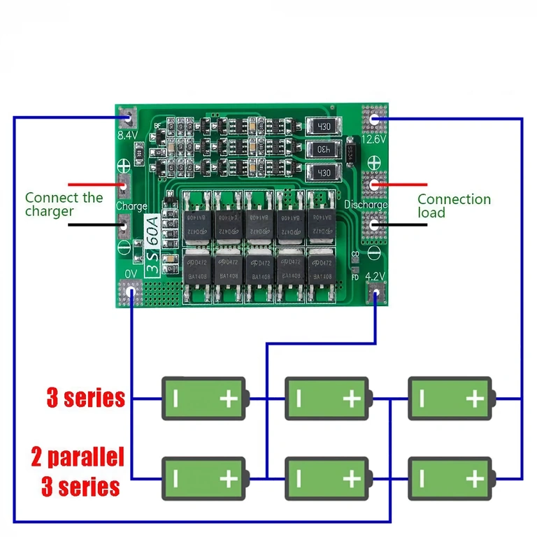Diagrama de conexões para módulo de proteção BMS 3S 60A – ligação de baterias, saídas e balanceamento de células