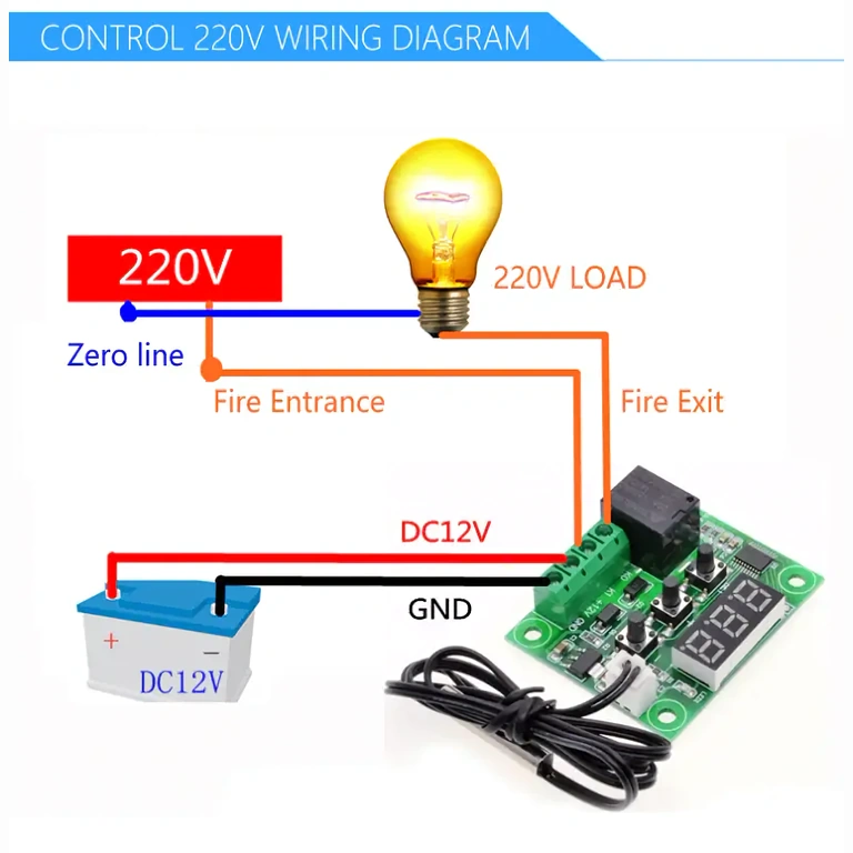 Diagrama completo para conectar o termostato W1209 à rede elétrica 220V
