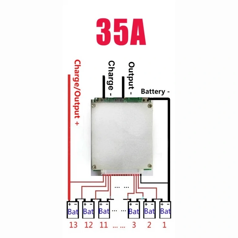 Diagrama de conexões para módulo BMS 13S – fiação correta para baterias Li-Ion
