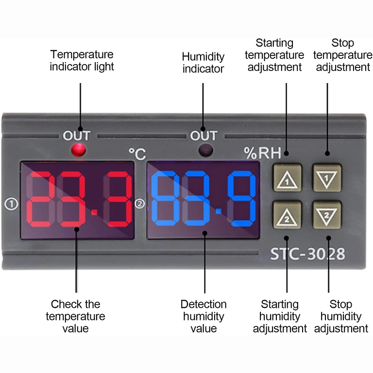 Botões para ajuste de temperatura e umidade
