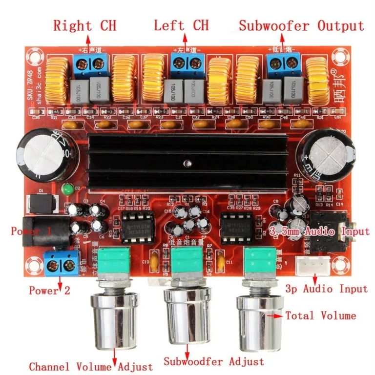 Diagrama de instalação da placa amplificadora estéreo com subwoofer