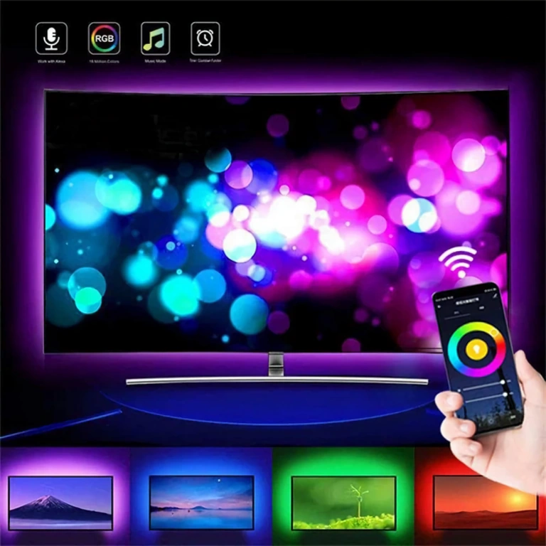 Fita LED 10m com bluetooth e efeitos musicais Fita LED 10m RGB com efeitos controlados por app e reação à música