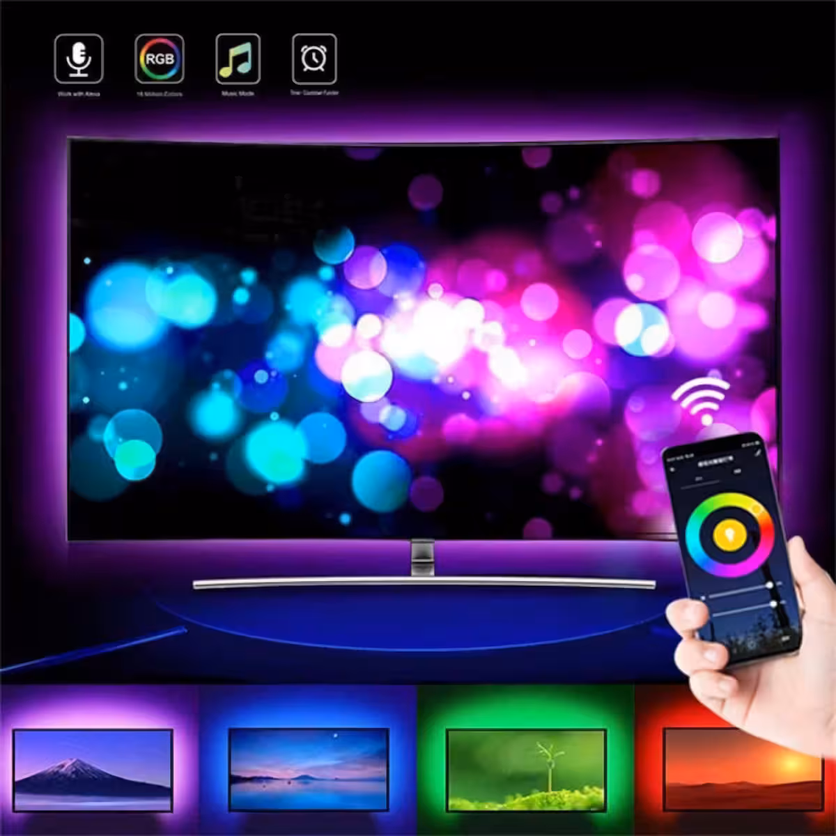 Fita LED 10m RGB com efeitos controlados por app e reação à música