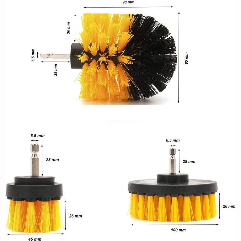 Dimensões das escovas rotativas para furadeira Imagem com as 3 escovas e dimensões: 12cm, 8,5cm, 5cm