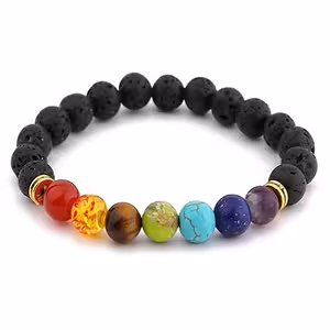 Pulseira de Rocha Vulcânica Natural com 7 Chakras – Ágata, Ametista, Âmbar, Lápis-Lazúli, Olho de Tigre