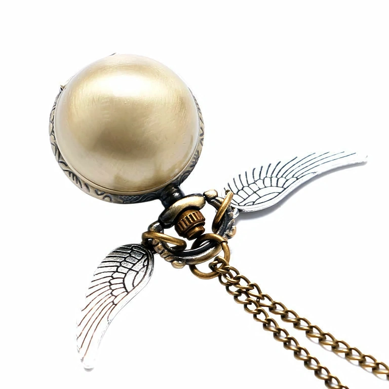Relógio pingente dourado com corrente e asas, modelo Snitch de Harry Potter