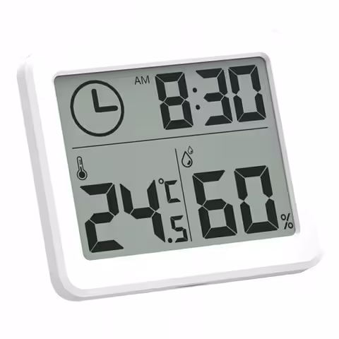 Higrómetro digital branco, fino, com sensor de temperatura