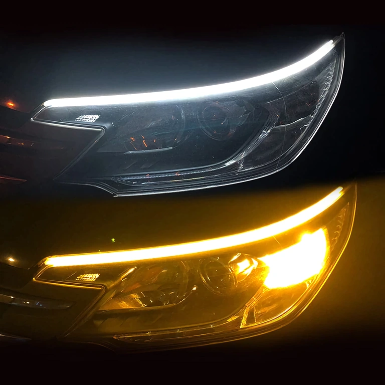 Fita LED flexível automotiva para luzes diurnas, com luz branca e amarela