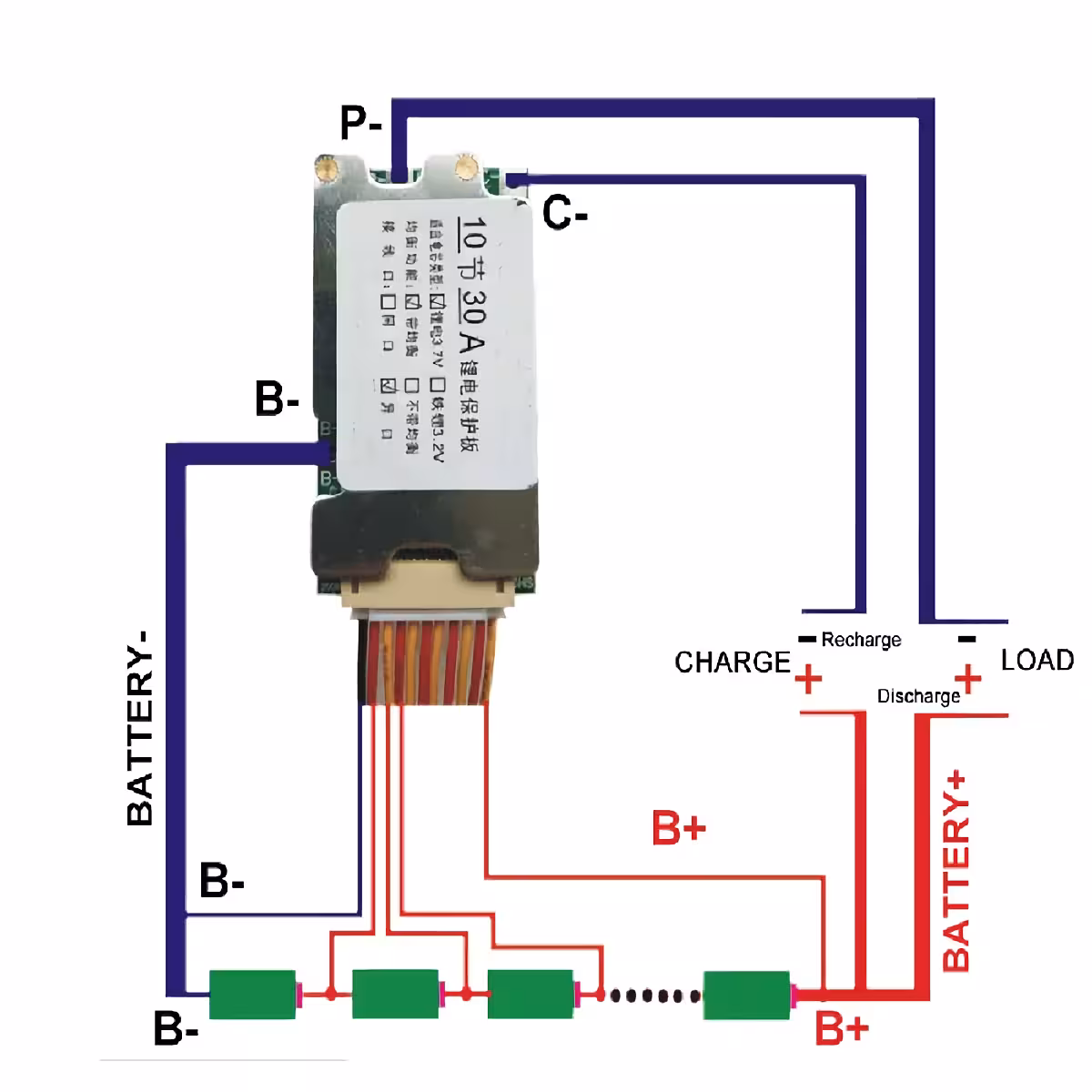 Módulo BMS 10S 36V para proteção de baterias de íon-lítio, 30A