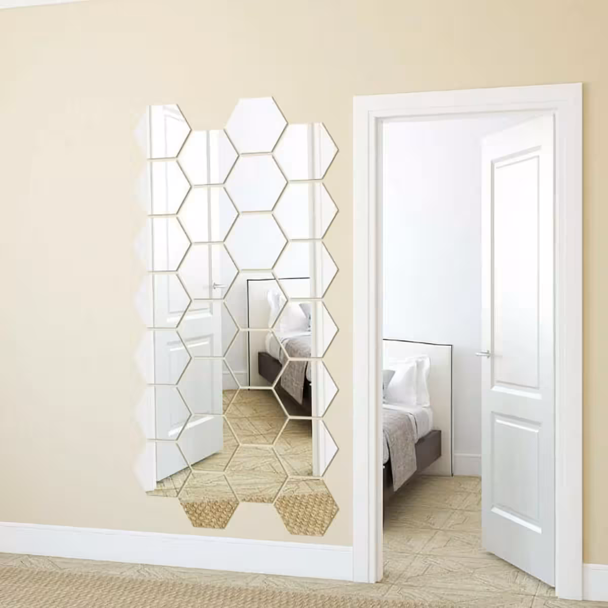 Conjunto de espelhos acrílicos em forma de hexágono para decoração contemporânea