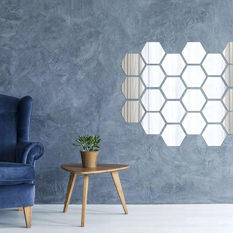 Espelhos decorativos autoadesivos em forma de hexágono Espelhos autoadesivos prateados em forma de hexágono para decoração de parede