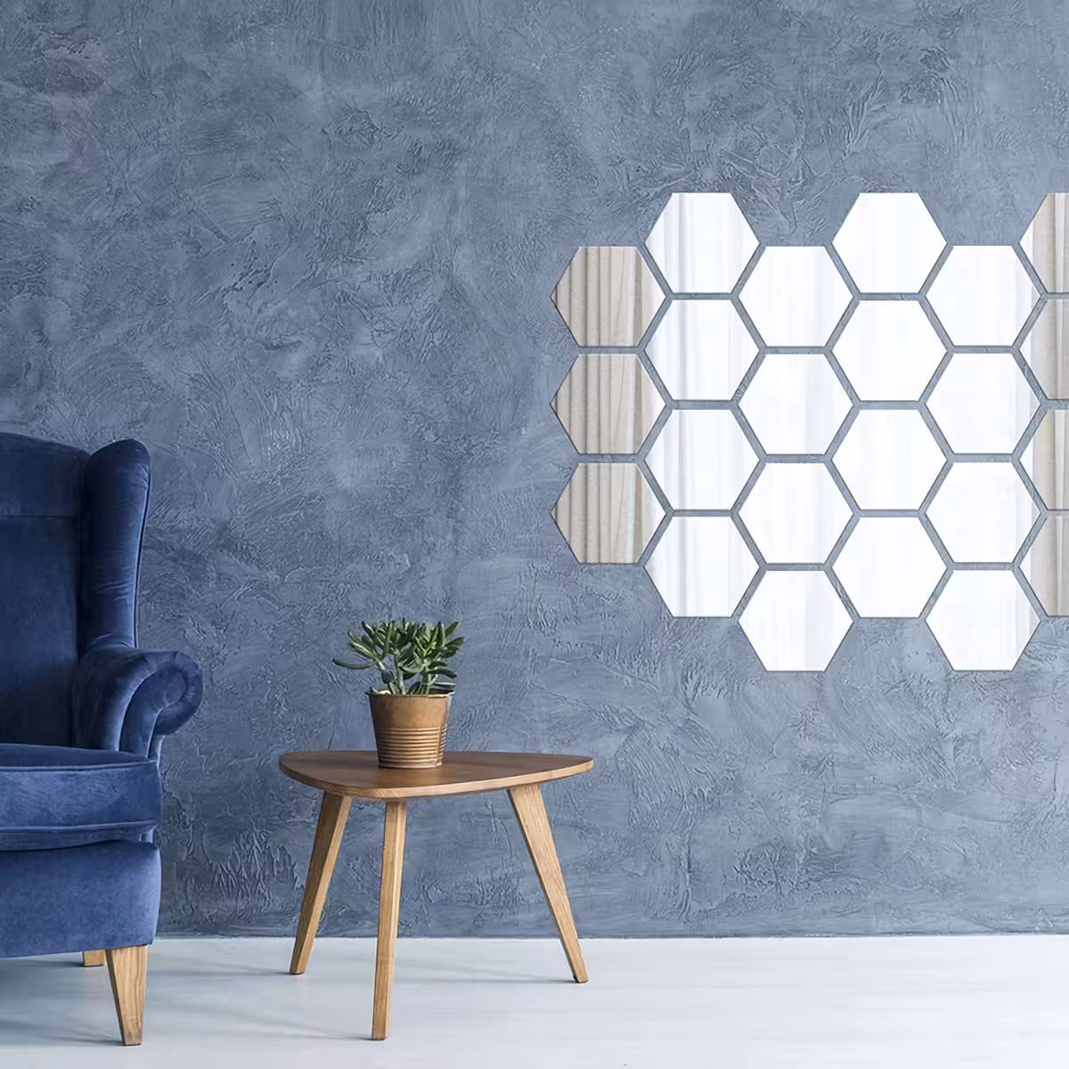 Espelhos autoadesivos prateados em forma de hexágono para decoração de parede