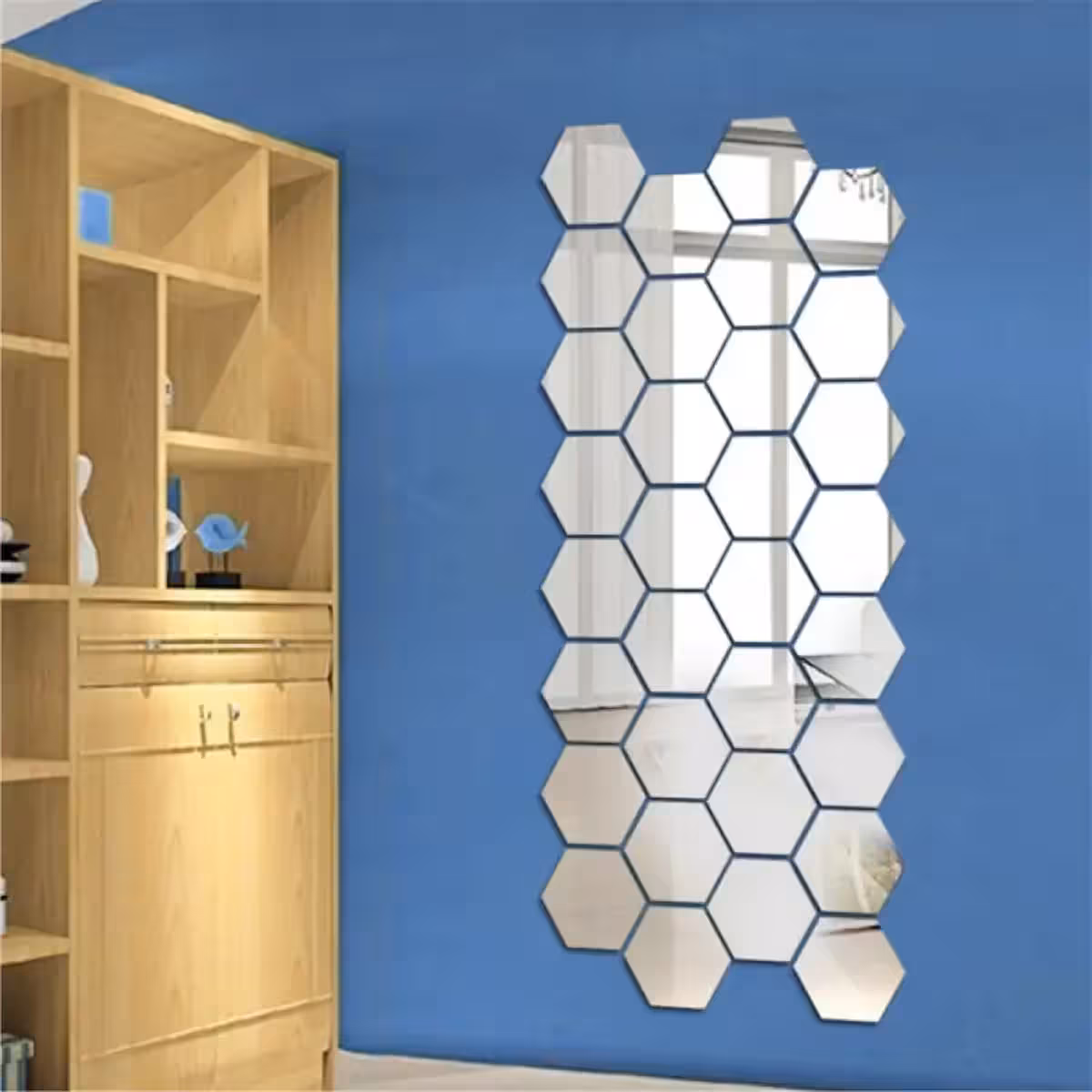 Adesivo decorativo tipo espelho – formato hexagonal para sala ou quarto