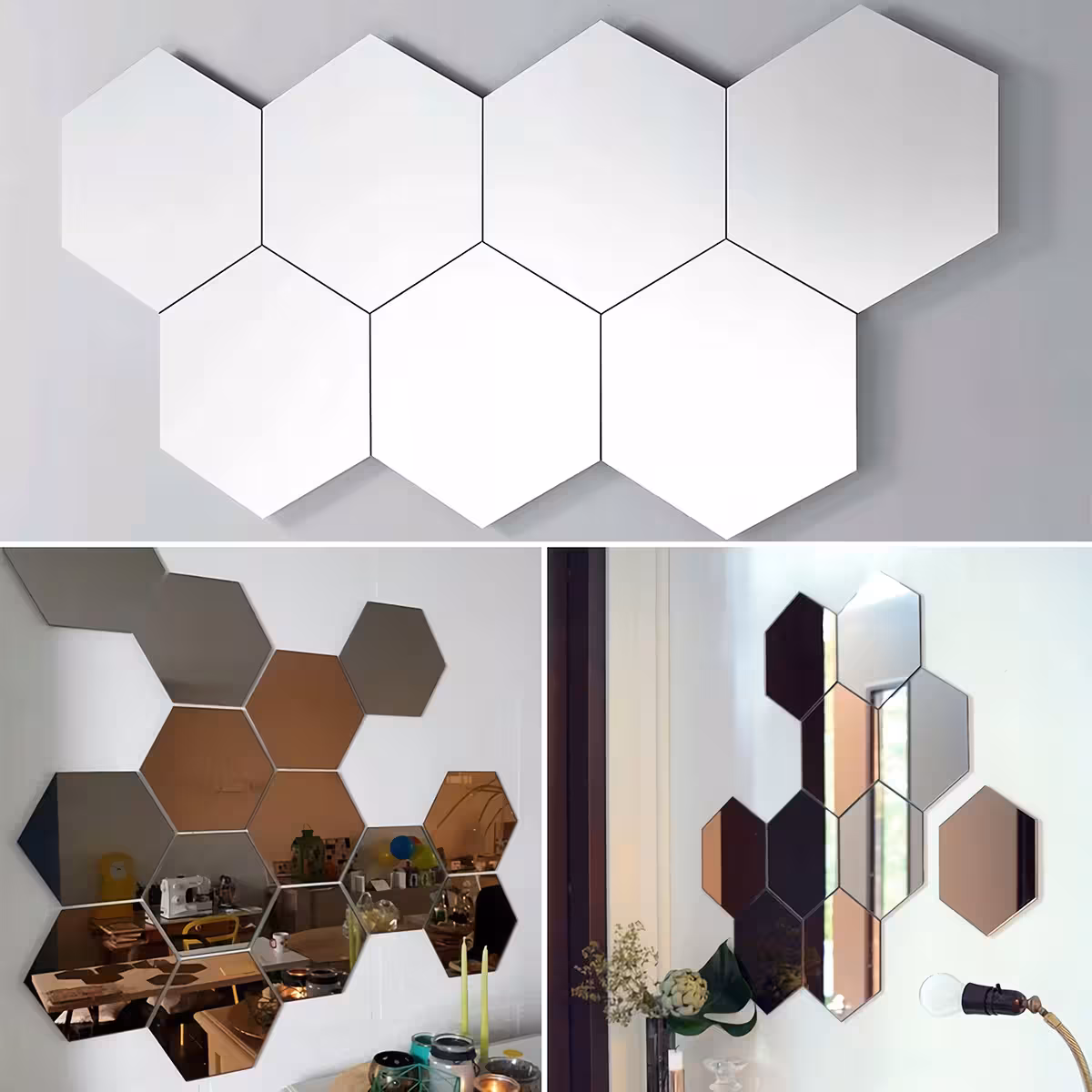 Adesivo de espelho hexagonal para parede – efeito decorativo elegante