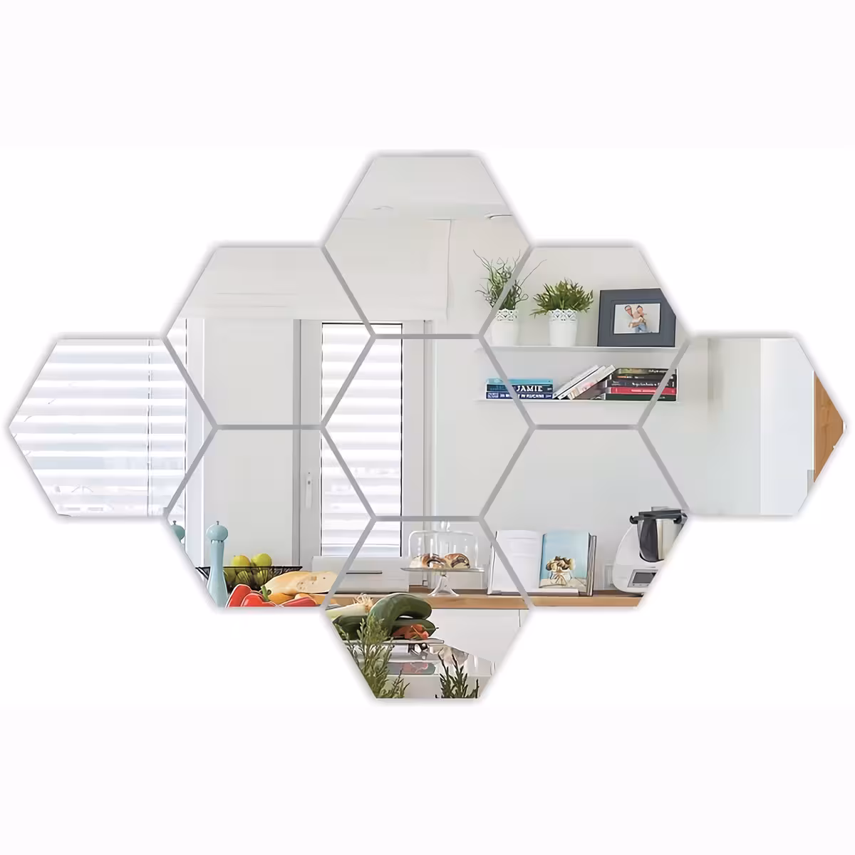 Espelhos tipo mosaico em formato hexagonal para decoração de paredes