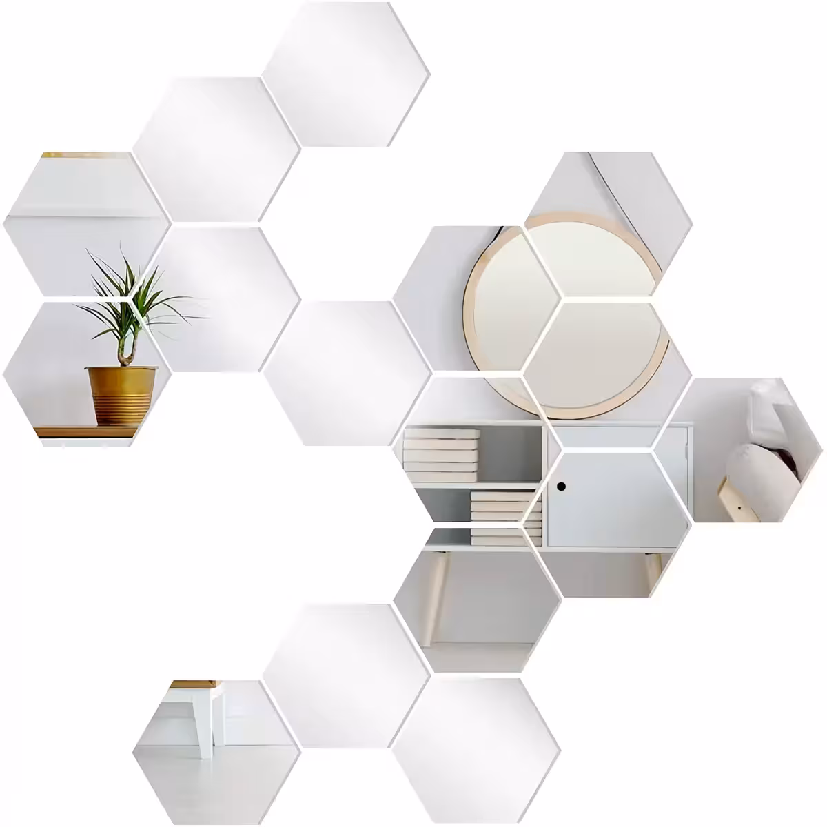 Espelhos de parede acrílicos hexagonais para design de interiores moderno