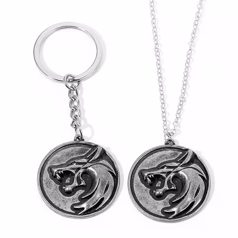 Conjunto Colar e Chaveiro The Witcher – Medalhão Cabeça de Lobo Prateado Envelhecido, Presente para Fãs de The Witcher