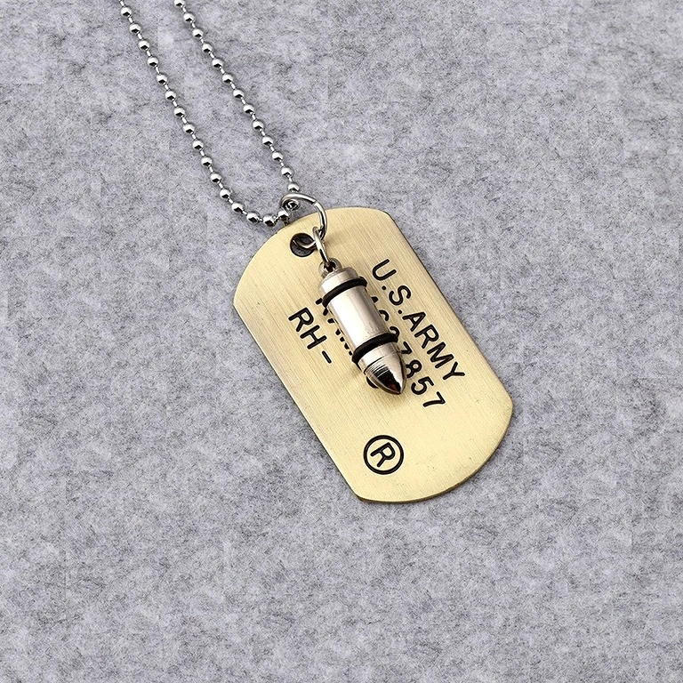Colar estilo militar com Dog Tag e Bala Colar militar com dog tag e pingente de bala, estilo ARMY
