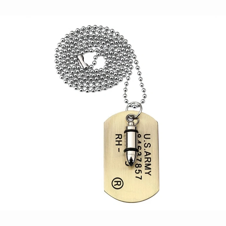 Corrente com bala militar e dog tag Corrente longa de 70 cm com pingente de bala e dog tag metálico