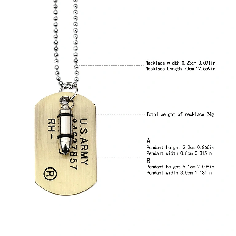 Corrente tática com bala e dog tag Colar tático inspirado em equipamentos militares, com dog tag e bala