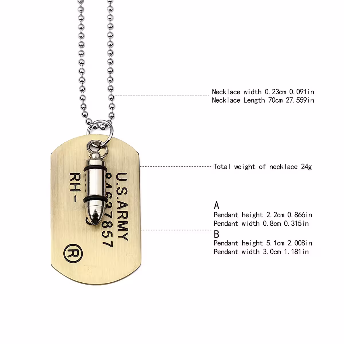 Colar tático inspirado em equipamentos militares, com dog tag e bala