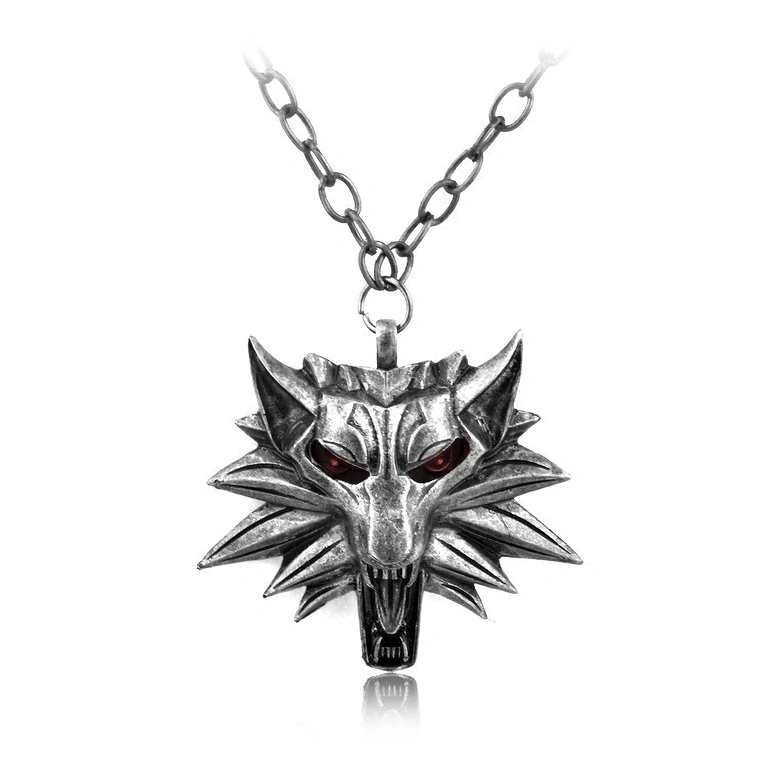 Corrente cabeça de lobo com olhos vermelhos Colar decorativo com cabeça de lobo e olhos vermelhos, inspirado em The Witcher