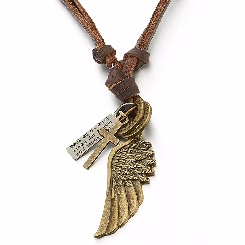 Colar de Couro com Pingente Asa de Anjo e Crucifixo para Homens – Comprimento Ajustável 40-80 cm
