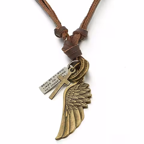 Colar de Couro com Pingente Asa de Anjo e Crucifixo para Homens – Comprimento Ajustável 40-80 cm