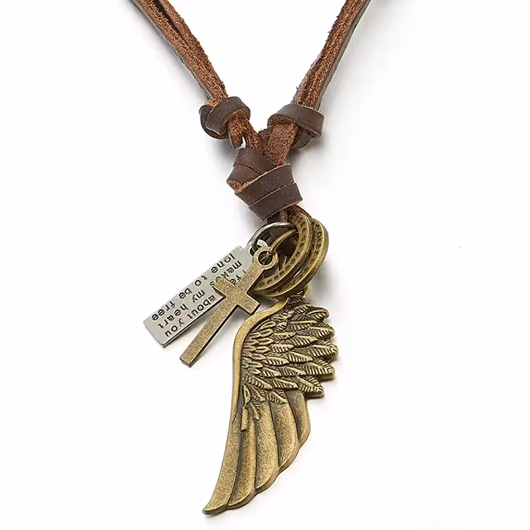 Colar de Couro com Pingente Asa de Anjo e Crucifixo para Homens – Comprimento Ajustável 40-80 cm