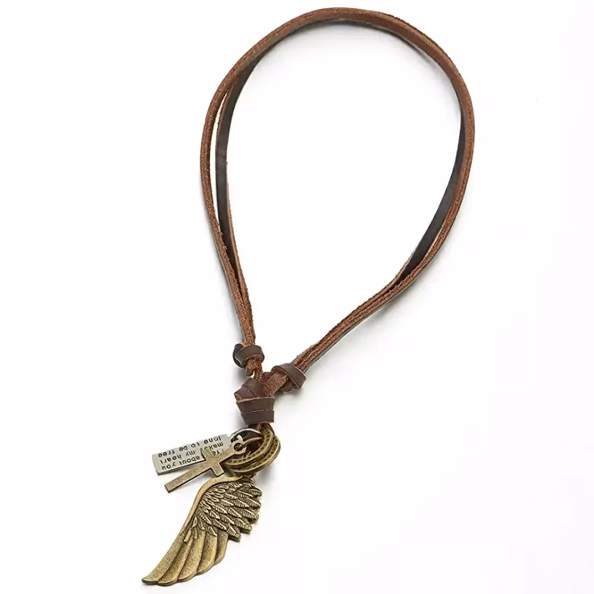 Corrente de couro com pingente de asa de anjo para homens